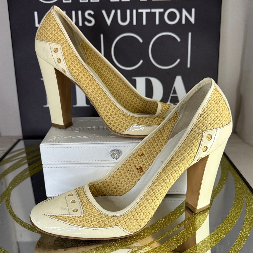 Prada Cream and Tan Woven Heels